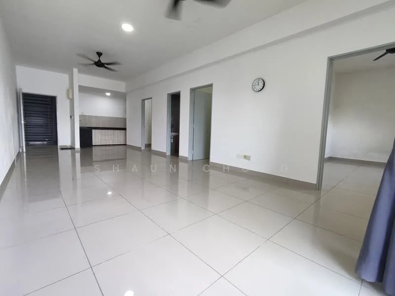 Living features: glossy tile flooring, white painted walls, ceiling fan, wall clock, open layout, large windows, neutral color scheme, recessed lighting; style: modern. Kitchen features: kitchen counter, cabinets, tile backsplash; style: modern.