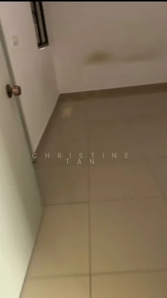 Room features: plain white walls, light-colored tiled flooring, single door, window with black frame, no visible furniture or decor.