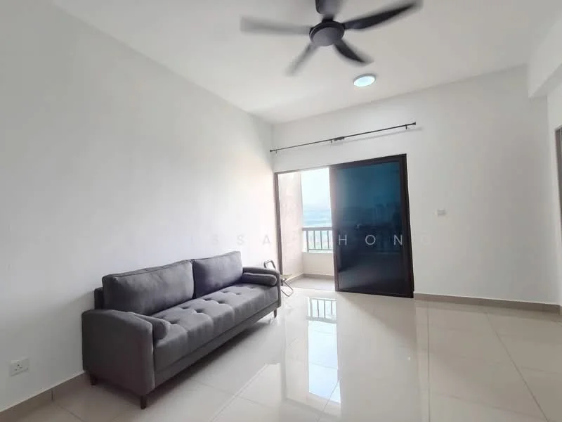 Living features: grey fabric sofa, 5-blade ceiling fan, white painted walls, glossy ceramic tile flooring, floor-to-ceiling sliding glass door, natural light from door, neutral decor, window with city view; style: modern; view: city.