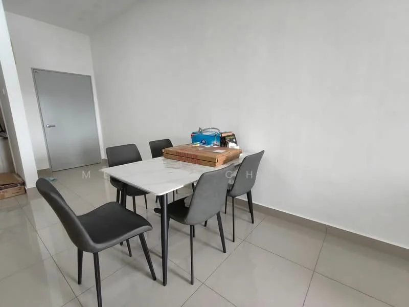 Dining features: white painted walls, grey tiled flooring, rectangular dining table with white top, 6 black dining chairs, decorative items on table; style: modern.