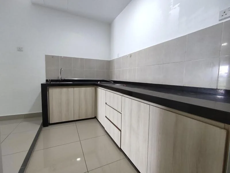 Kitchen features: black granite countertop, light wood cabinetry, single-bowl stainless-steel sink, chrome pull-down faucet, ceramic tile flooring, white painted walls, grey tiled backsplash, under-cabinet lighting; style: modern.