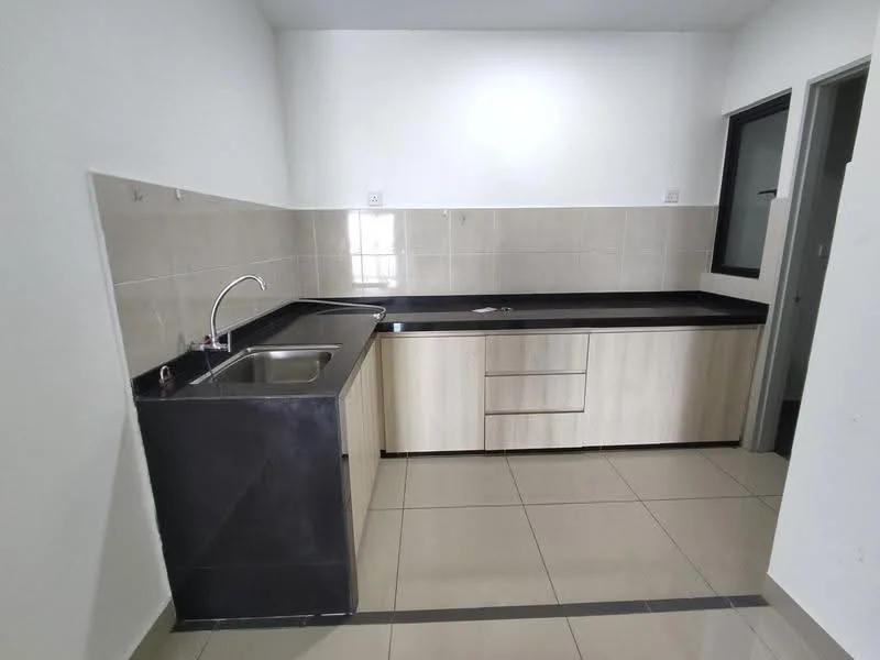 Kitchen features: single-bowl stainless-steel sink, chrome pull-down faucet, black granite countertop, light wood cabinetry, ceramic tile backsplash, built-in cabinets, wall-mounted window, floor-to-ceiling tiles, ceramic tile flooring, recessed downlights; style: modern.