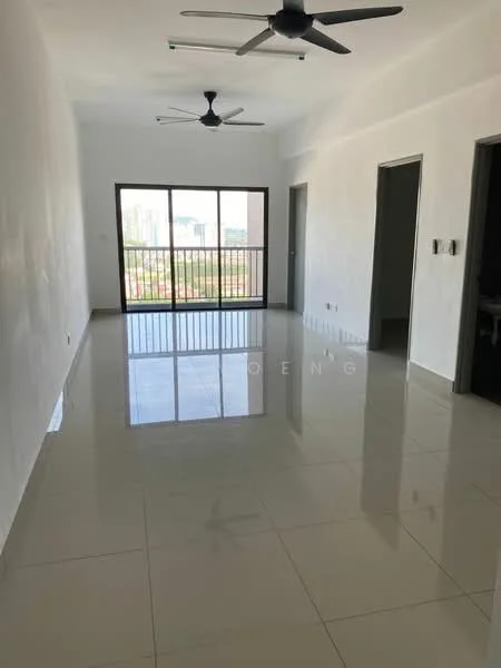 Living features: white painted walls, glossy ceramic tile flooring, 2 ceiling fans, floor-to-ceiling windows, sliding glass door, city view, recessed downlights; style: modern; view: city.