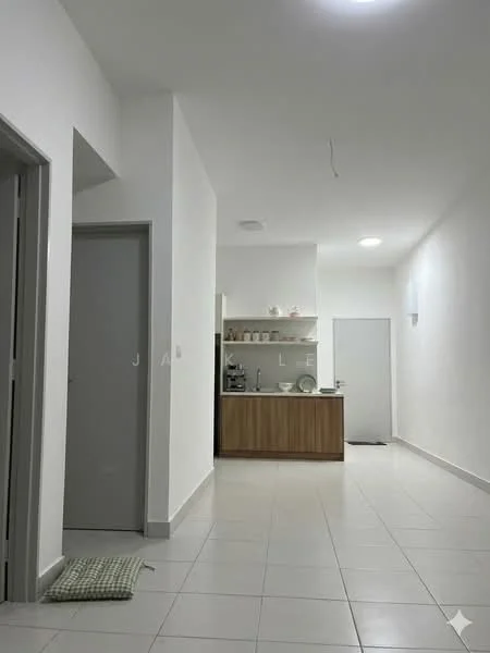 Kitchen features: white painted walls, tile flooring, wood cabinetry, countertop, kitchen island, built-in shelves, stainless-steel sink, recessed downlights, open layout; style: modern. Hallway features: white painted walls, tile flooring, doorway to kitchen, doorway to unknown room, ceiling light; style: modern.