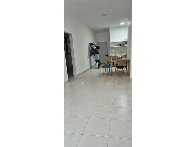 Room features: light grey tiled flooring, white painted walls, ceiling lights, dining table with chairs, decorative wall art, open space layout; style: modern.
