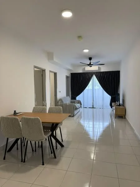 Living features: white painted walls, glossy tile flooring, 5-blade ceiling fan with light, large sliding glass door, blackout curtains, dining table with 4 chairs, TV console, wall-mounted TV, area rug, natural light from window; style: modern; view: garden.