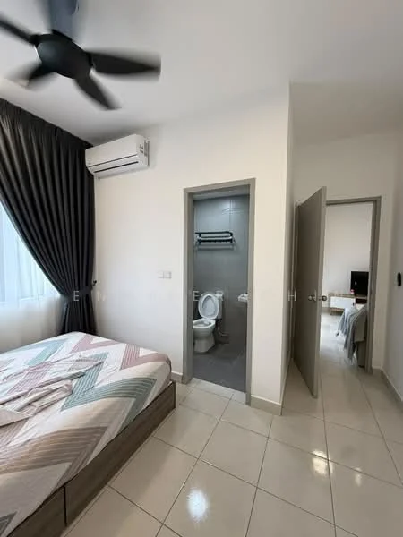 Bedroom features: queen-size bed with patterned bedding, upholstered headboard, 2 bedside lamps, floor-to-ceiling window with sheer curtains, 1 wall-mounted split AC, light-colored walls, tile flooring, ceiling fan, built-in wardrobe, decorative wall art; style: modern. Bathroom features: one-piece toilet, wall-mounted towel rack, grey tiled walls, grey tiled flooring, sink with chrome faucet, mirror above sink.