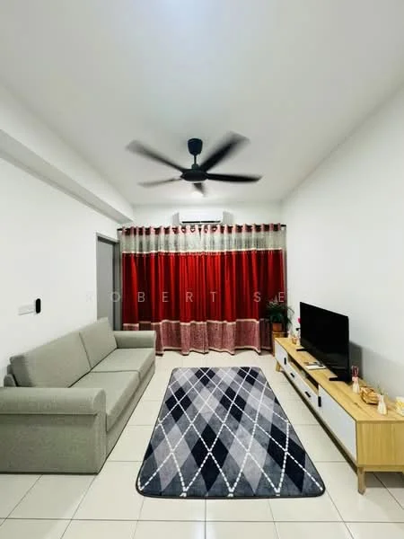 Living features: 3-seater fabric sofa in light grey, ceiling fan with light, flat-screen TV on console, wooden TV console, area rug with diamond pattern, white walls, tile flooring, red curtains, decorative items on console; style: modern.