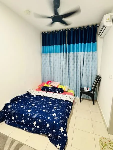 Bedroom features: queen-size bed with colorful bedding, blue and white patterned curtains, 1 wall-mounted split AC, tiled flooring, decorative throw pillows, black chair, white painted walls, area rug with geometric pattern; style: modern.