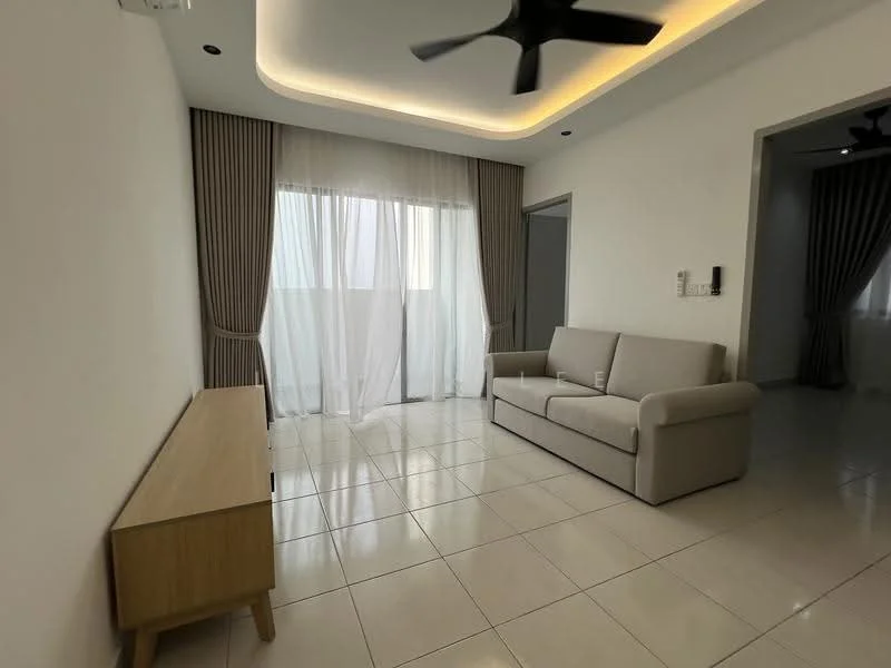 Living features: white painted walls, glossy tile flooring, 5-blade ceiling fan, recessed LED downlights, floor-to-ceiling windows, sheer curtains, light-colored fabric sofa, wooden TV console, decorative wall paneling; style: modern.