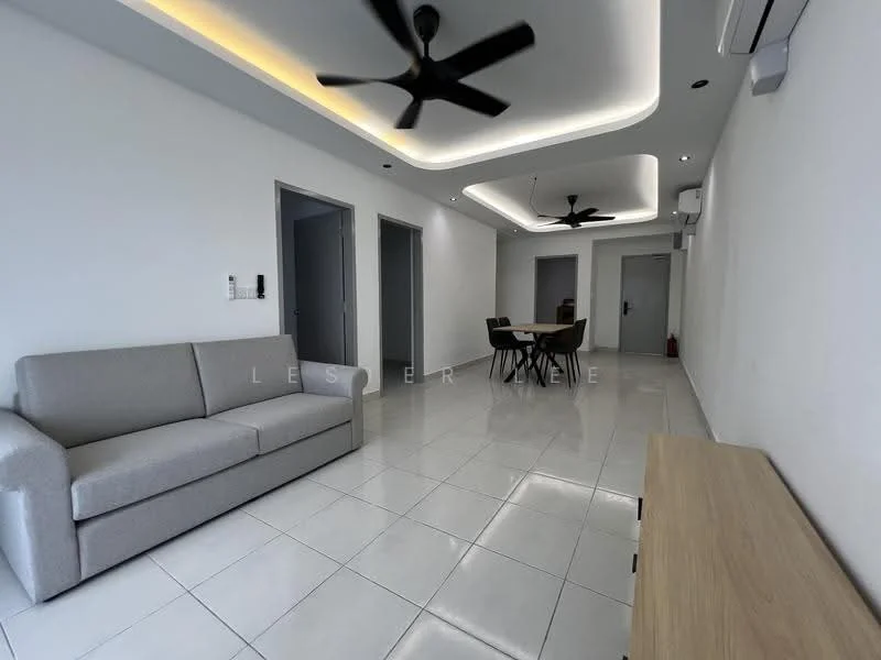 Living features: 3-seater fabric sofa in light grey, white painted walls, glossy white tile flooring, tray ceiling with recessed lighting, 2 ceiling fans, dining table with chairs, wall-mounted air conditioning unit, wooden console table; style: modern.