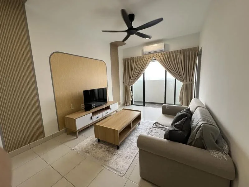 Living features: 3-seater fabric sofa in grey, wood coffee table, TV console, wall-mounted TV, area rug, 5-blade ceiling fan, floor-to-ceiling windows, curtains, accent wall with wood paneling, neutral tile flooring, air conditioning unit; style: modern.