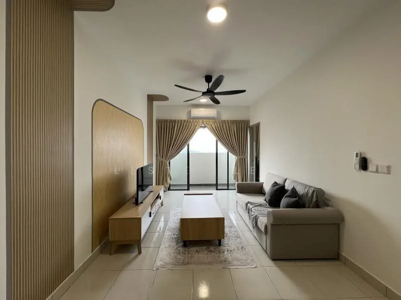 Living features: 3-seater fabric sofa in light grey, wooden coffee table, TV console, wall-mounted TV, 5-blade ceiling fan with light, floor-to-ceiling windows, sheer curtains, light-coloured tiled flooring, decorative area rug, wall paneling with wood finish; style: modern.