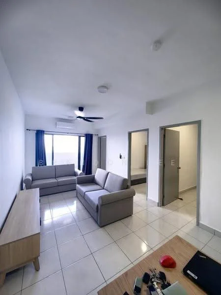 Living features: 3-seater fabric sofa in grey, 2-seater fabric sofa in grey, coffee table, TV console, wall-mounted split AC, 5-blade ceiling fan, white painted walls, tile flooring, floor-to-ceiling windows with sheer curtains, decorative wall clock, area rug, light-colored wooden sideboard; style: modern; view: city. Room features: white painted walls, tile flooring, door leading to bedroom, door leading to bathroom.