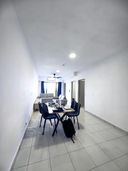 Dining features: white painted walls, tile flooring, 5-blade ceiling fan, dining table with chairs, sofa in living area, large windows with curtains, neutral color scheme, open layout; style: modern.