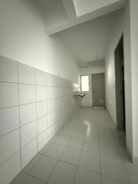 Room features: white painted walls, grey tiled flooring, single door, window with natural light, ceiling with recessed lighting, sink area, plain ceiling, no visible decor; style: minimalist.