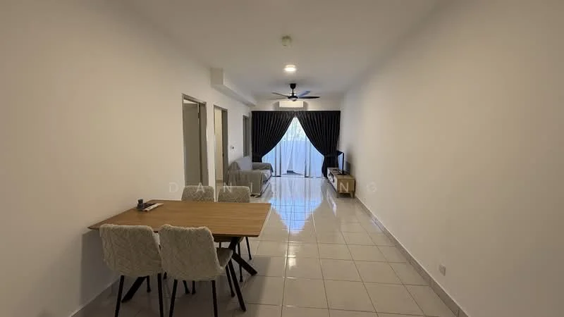 Living features: white painted walls, glossy ceramic tile flooring, 5-blade ceiling fan with light, floor-to-ceiling windows, sheer curtains, TV console, wall-mounted TV, area rug, sofa, dining table with chairs; style: modern.
