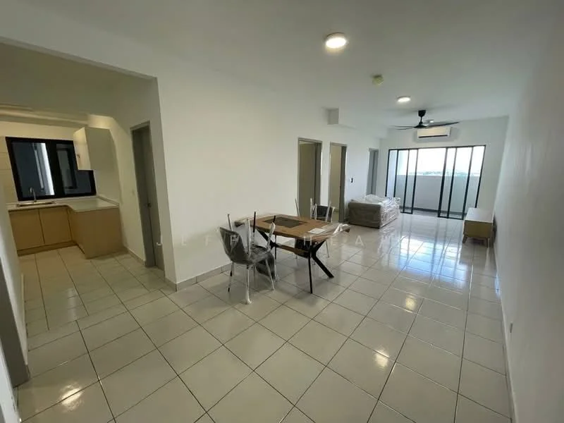 Living features: white painted walls, glossy ceramic tile flooring, 5-blade ceiling fan with light, floor-to-ceiling windows, sliding glass door, dining table with chairs, sofa, natural light from windows; style: modern; view: city. Kitchen features: white cabinetry, countertop, open layout to living area; style: modern.
