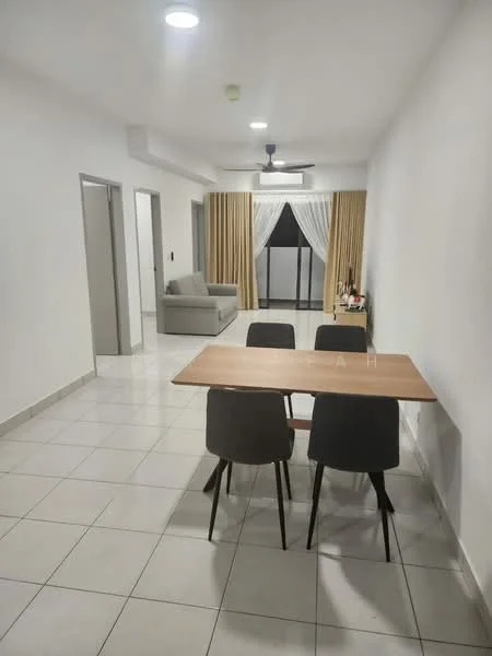 Dining features: rectangular wooden dining table, 4 upholstered dining chairs in grey, white walls, tile flooring, ceiling fan with light, curtains in light fabric, floor-to-ceiling windows, view of balcony; style: modern. Living features: 3-seater fabric sofa in light grey, white walls, tile flooring, ceiling fan with light, curtains in light fabric, floor-to-ceiling windows, view of balcony; style: modern.