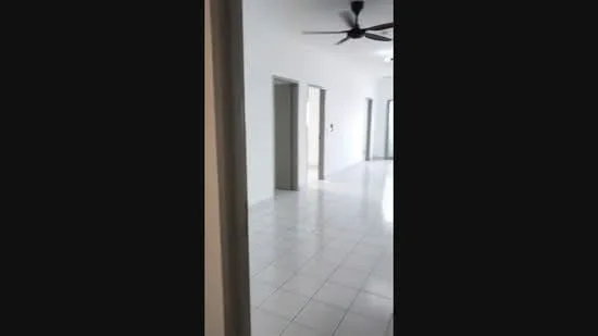 Room features: white painted walls, glossy white tile flooring, 5-blade ceiling fan, doorway leading to other rooms, natural light from windows, open layout, neutral color scheme; style: modern.
