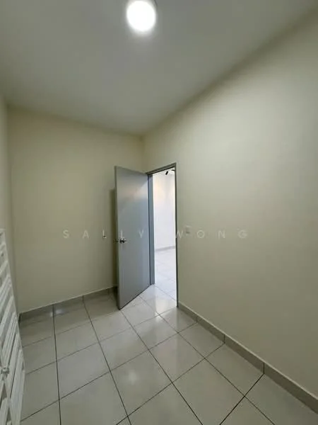 Room features: light-colored painted walls, white tiled flooring, single door, ceiling light fixture.