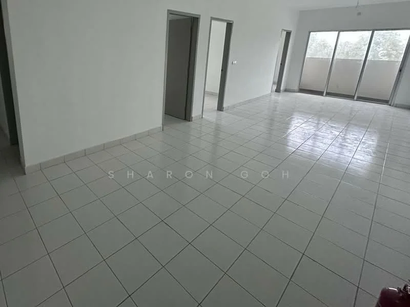 Room features: white painted walls, ceramic tile flooring, sliding glass door, floor-to-ceiling windows, natural light, neutral color scheme, open layout, ceiling light fixture; style: modern; view: garden.
