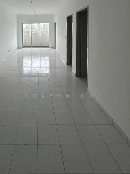 Room features: white painted walls, glossy white floor tiles, sliding glass door, natural light from windows, plain ceiling, door frames, open layout, no visible furniture; style: minimalist; view: garden.