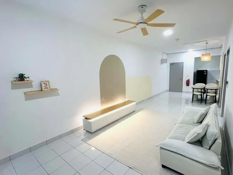 Living features: white painted walls, grey tiled flooring, 5-blade ceiling fan with light, recessed downlights, sofa in light fabric, area rug, wall-mounted shelf, arched wall feature, dining table with chairs visible in background; style: modern.