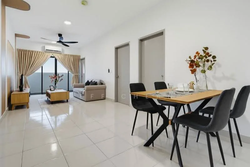 Living features: 3-seater fabric sofa in light grey, wooden coffee table, TV console, wall-mounted TV, floor-to-ceiling windows, sheer curtains, 5-blade ceiling fan with light, decorative vase with flowers, area rug, white painted walls, ceramic tile flooring; style: modern; view: city. Dining features: 4-seater dining table, black upholstered dining chairs, decorative table setting, white walls, ceramic tile flooring; style: modern.
