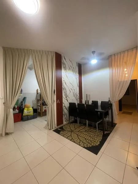 Dining features: white walls, marble accent wall, dining table with black chairs, area rug with geometric pattern, recessed ceiling lights, curtains, tile flooring, ceiling fan; style: modern. Room features: storage boxes, white walls, tile flooring.