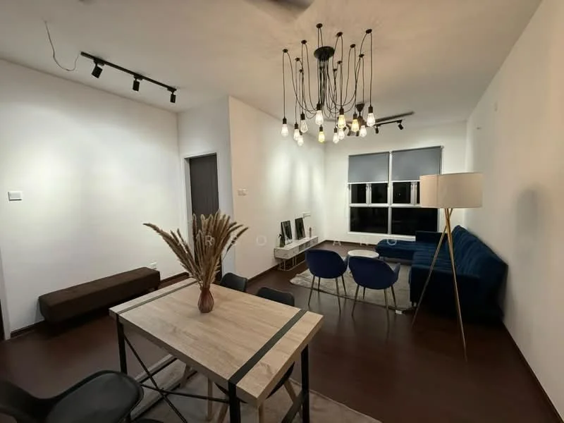 Living features: dark blue fabric sofa, wooden coffee table, 4 dining chairs in blue, pendant light fixture with multiple bulbs, laminate flooring, white painted walls, floor-to-ceiling windows, decorative plant in vase, TV console, wall-mounted TV; style: modern.