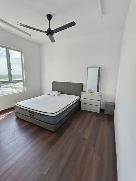 Bedroom features: queen-size bed, upholstered headboard, bedside table with drawer, full-length mirror, ceiling fan, large window, wooden flooring, white painted walls; style: modern; view: city.