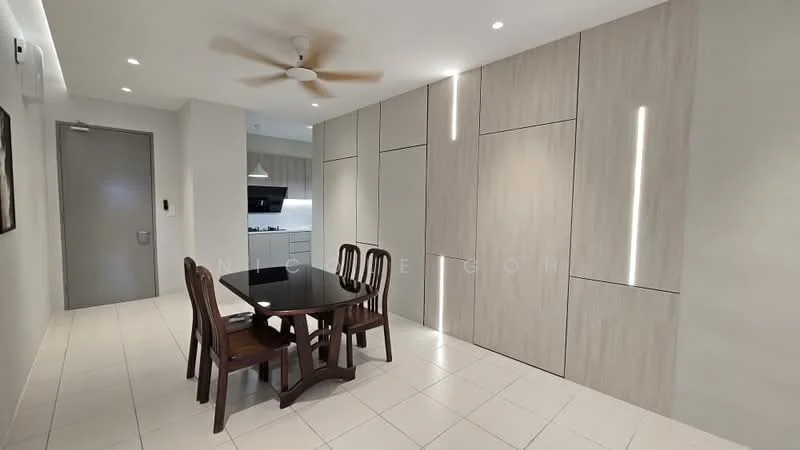 Dining features: 4-seater dining table, wooden dining chairs, light-colored wall panels, recessed LED lighting, ceiling fan, white tiled flooring, kitchen area visible in background, built-in cabinetry; style: modern.