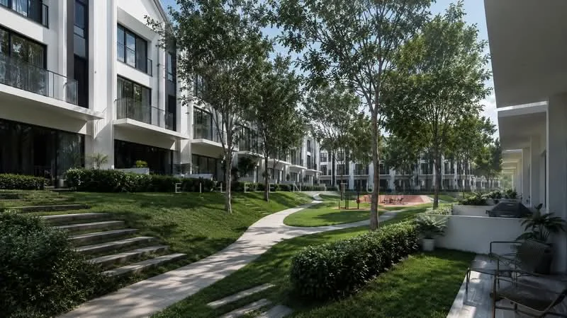 Exterior type: linked terrace house; features: manicured lawn, mature trees, stone-paved walkway, balconies with glass railings, landscaped garden, children's playground, outdoor seating area, surrounded by greenery; style: modern.