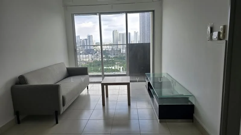 Living features: grey fabric 3-seater sofa, glass coffee table, floor-to-ceiling windows, city skyline view, white painted walls, tile flooring, TV console, natural light; style: modern; view: city.
