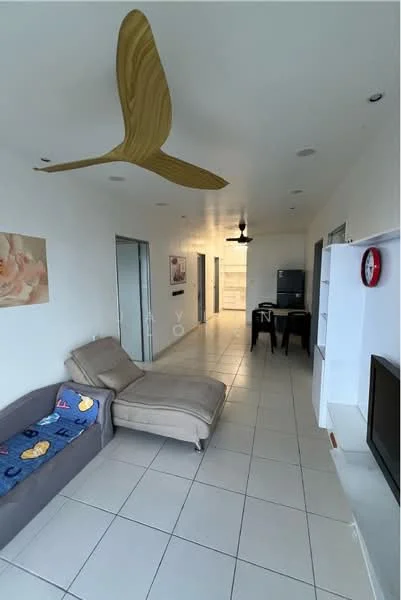 Living features: cream painted walls, white ceiling, 5-blade ceiling fan with light, wall-mounted TV, sofa in beige, coffee table, tile flooring, decorative wall clock, open layout to hallway, dining area visible in background; style: modern.