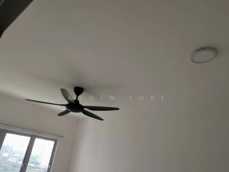 Room features: white painted walls, ceiling fan, recessed downlights, floor-to-ceiling windows.