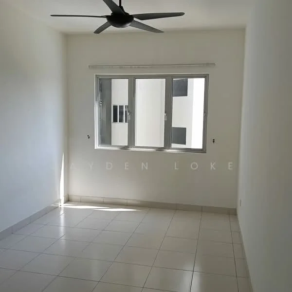 Room features: white painted walls, tile flooring, 5-blade ceiling fan, large window with multiple panes, natural light from window, neutral color scheme; style: modern.