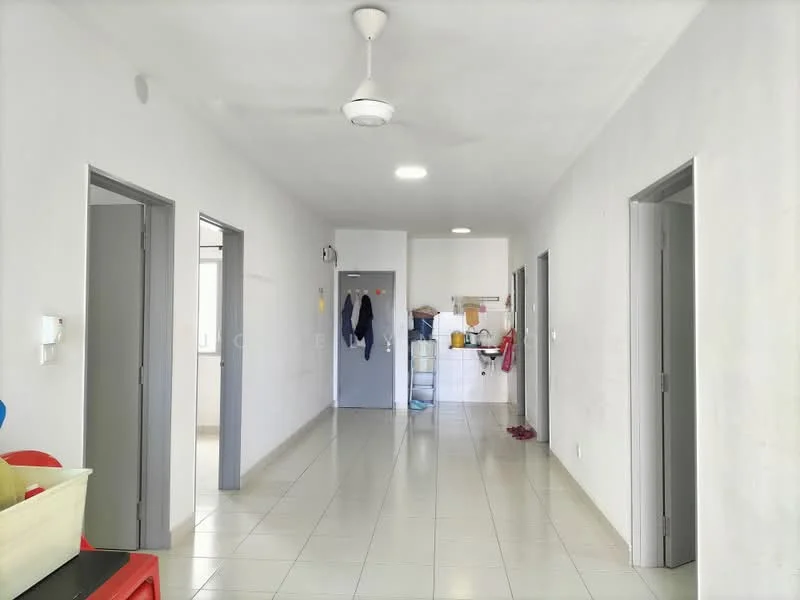 Hallway features: white painted walls, tile flooring, ceiling fan, recessed ceiling lights, multiple doorways, open layout, neutral color scheme; style: modern. Kitchen features: white painted walls, tile flooring, kitchen cabinetry, countertop, appliances visible, open layout; style: modern.