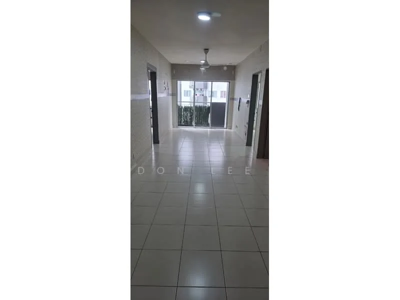 Room features: white painted walls, ceramic tile flooring, ceiling fan, sliding glass door, floor-to-ceiling windows, recessed downlights, door frames, balcony view; style: modern; view: garden.