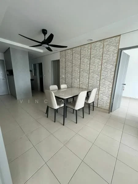 Dining features: rectangular dining table with 6 chairs, light-colored upholstered chairs, ceiling fan with 5 blades, light grey walls, textured feature wall with floral pattern, large windows allowing natural light, neutral tile flooring, open layout to adjacent kitchen; style: modern. Room features: grey walls, tile flooring, open layout.