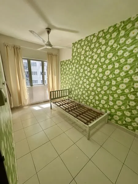 Bedroom features: green floral wallpaper, white painted walls, white ceiling, ceiling fan, single bed frame without mattress, tiled flooring, floor-to-ceiling window, sheer curtains; style: modern.