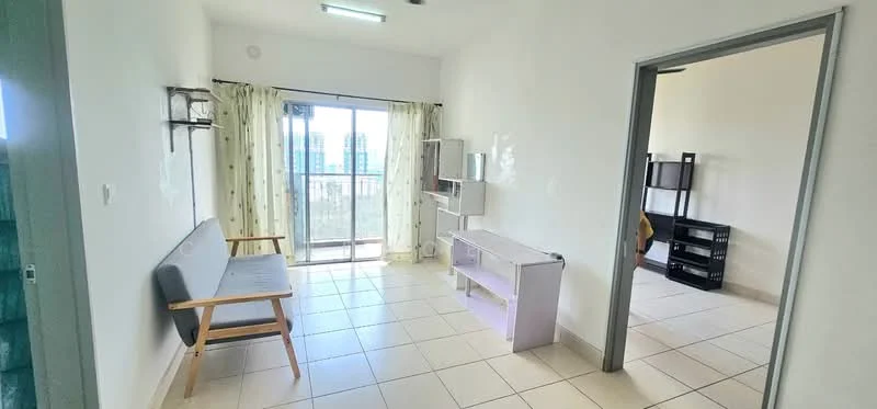 Living features: tile flooring, white painted walls, floor-to-ceiling windows, balcony door, curtains, wooden bench, light-colored shelving unit, black TV console, recessed ceiling lights; style: modern; view: city.
