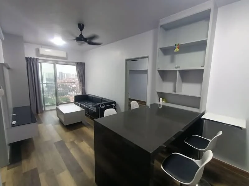Living features: black leather sectional sofa, white coffee table, wall-mounted TV console, open shelving unit, black countertop, white bar stools, floor-to-ceiling windows, curtains, wooden flooring, ceiling fan with light; style: modern; view: city.