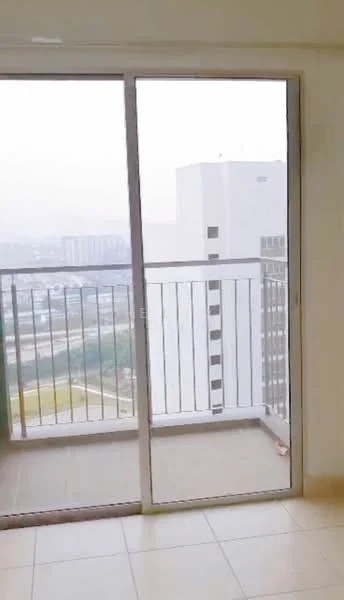 Room features: sliding glass door, balcony with railing, tile flooring, city view, large window, neutral wall color; view: city.