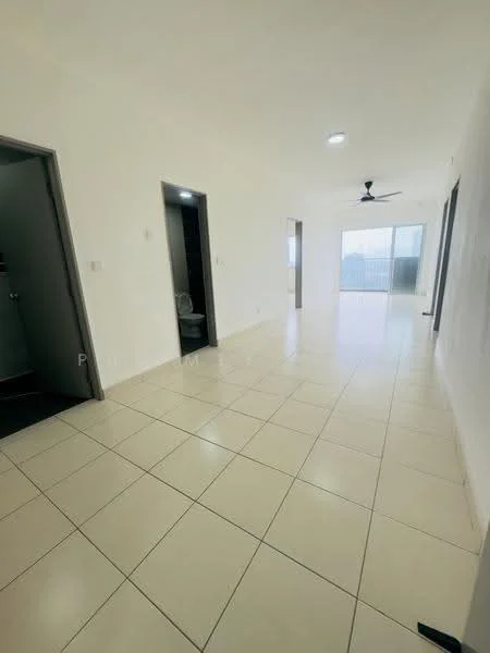 Room features: white painted walls, glossy ceramic tile flooring, 5-blade ceiling fan with light, floor-to-ceiling windows, sliding glass door, natural light from windows, open layout, neutral color scheme; style: modern; view: city.