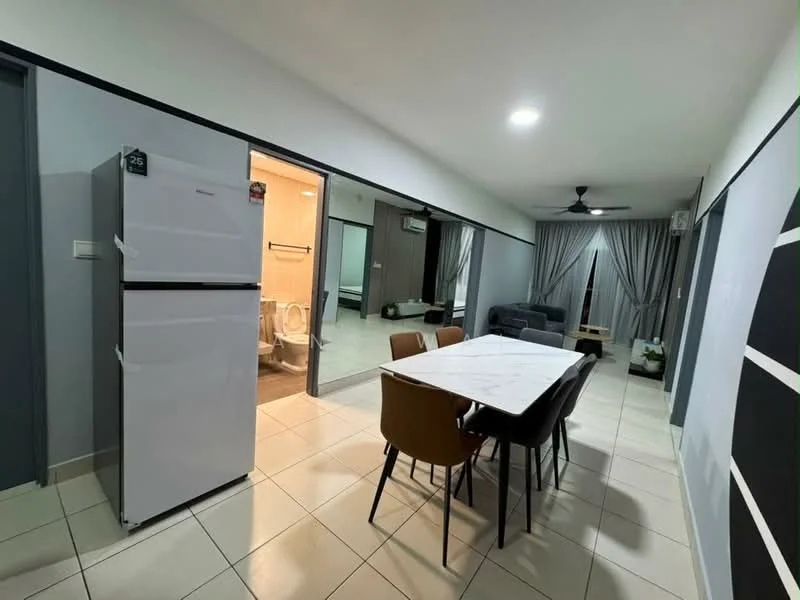 Dining features: white dining table, 4 upholstered dining chairs in brown, tile flooring, recessed ceiling lights, wall-mounted air conditioning unit, grey curtains, open layout to living area, white walls with grey trim; style: modern. Living features: 3-seater fabric sofa in grey, coffee table, wall-mounted TV, floor-to-ceiling windows, curtains, tile flooring; style: modern. Room features: double-door refrigerator in white, open doorway to bathroom, open doorway to bedroom.