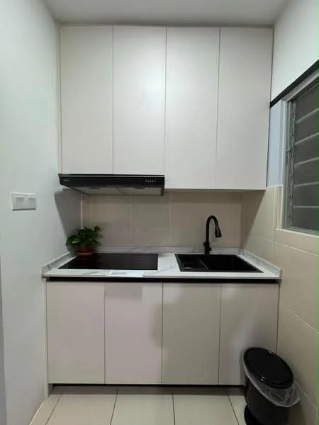 Kitchen features: white cabinetry, black countertop, single-bowl stainless-steel sink, black gooseneck faucet, built-in range hood, ceramic tile flooring, wall-mounted cabinet, potted plant, black trash bin, window with metal grille; style: modern.