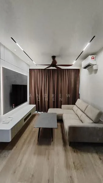 Living features: 3-seater fabric sofa in beige, coffee table with grey top, wall-mounted TV, white entertainment unit, recessed LED downlights, 5-blade ceiling fan with light, floor-to-ceiling curtains in brown, light wood flooring, wall-mounted air conditioning unit; style: modern.