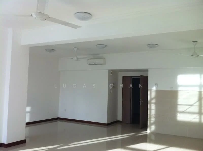 Room features: white painted walls, polished ceramic tile flooring, 2 ceiling fans, 1 wall-mounted split AC, recessed ceiling lights, doorway leading to another room, large windows allowing natural light, neutral color scheme; style: modern.